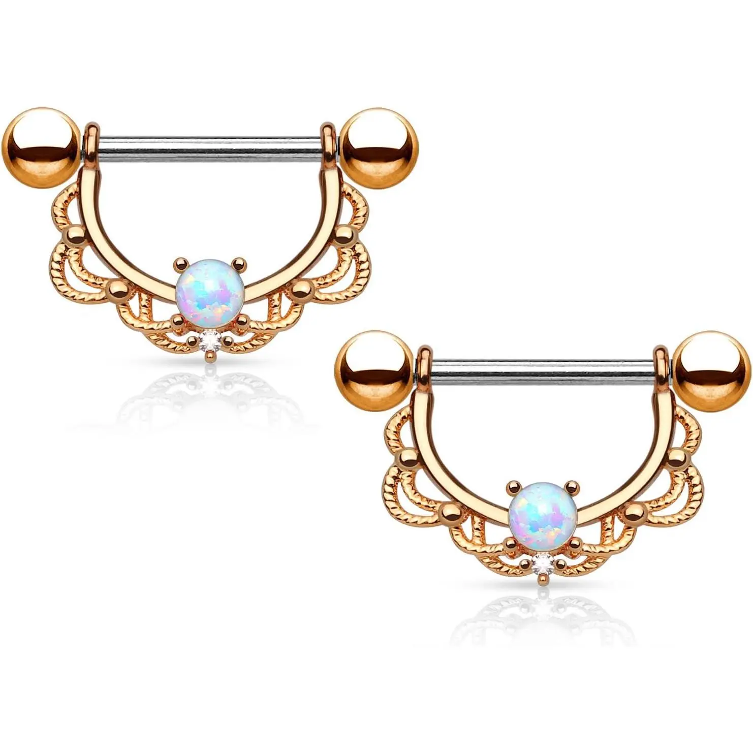 - 14GA Stainless Steel Synthetic Opal Centered Filigree Drop Nipple Rings, Sold as a Pair