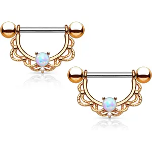 - 14GA Stainless Steel Synthetic Opal Centered Filigree Drop Nipple Rings, Sold as a Pair