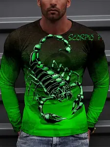 Men's Long Sleeve Printed T-Shirt, Casual Style, Stylish, Polyester Fabric, Fitted Design, Adult Size, Spring & Fall Fashion