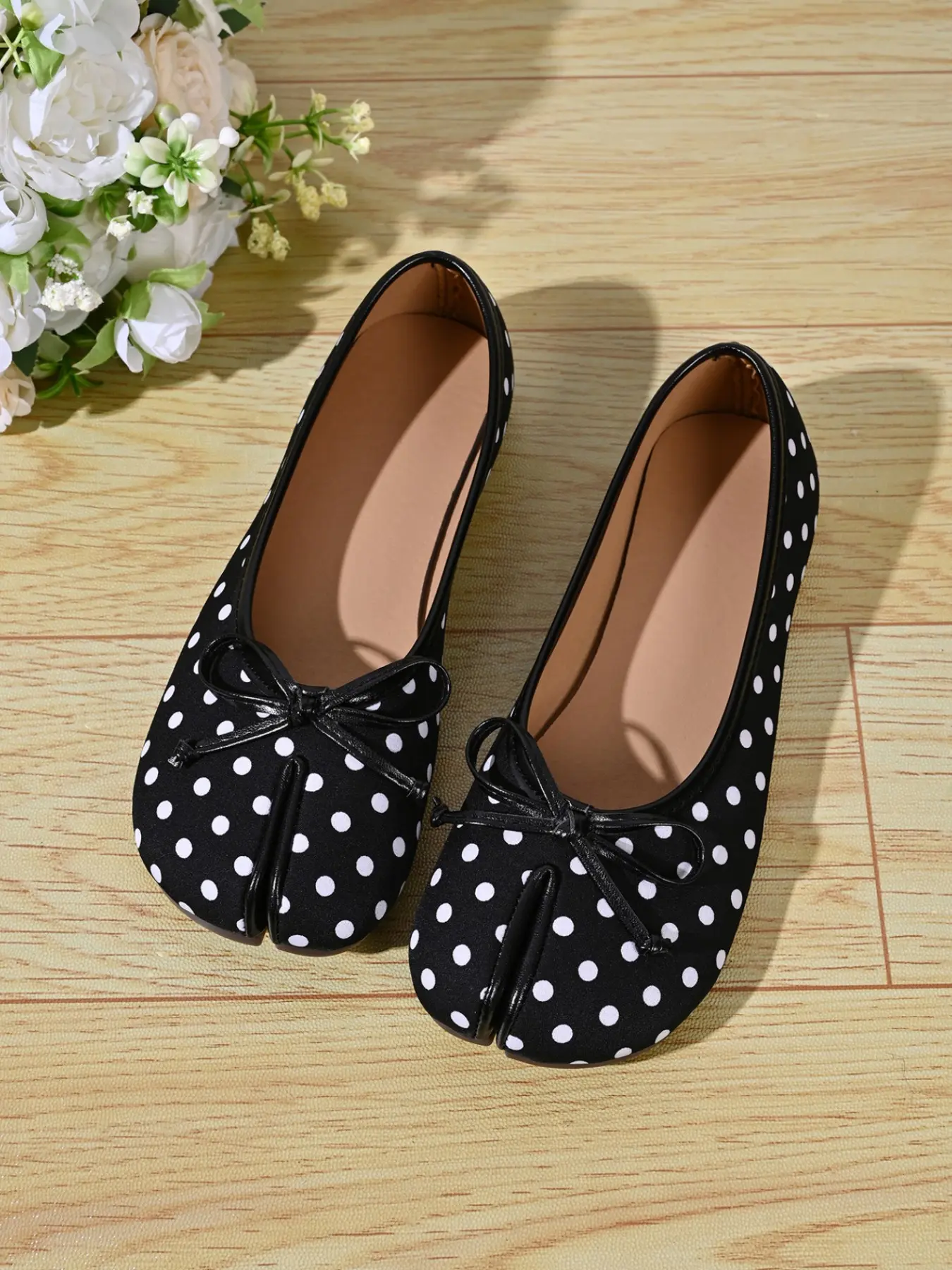 Women Satin Split Toe Bow Ballet Flats, Soft Slip On Flat Shoes, Polka Dot Solid Color Casual Footwear For Office Dating Shopping Streetwear