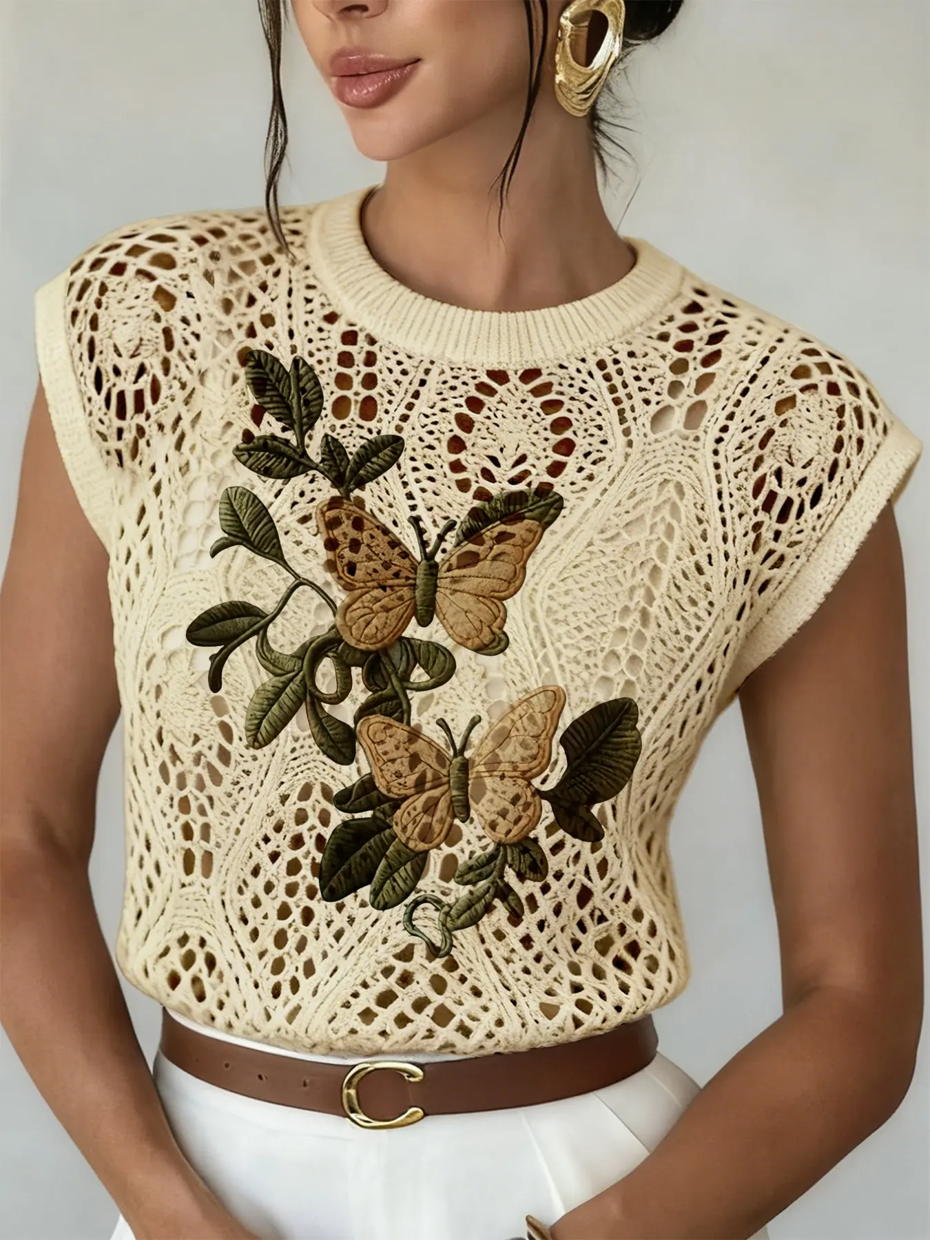 Spring Summer Elegant Women's Butterfly Print Round Neck Sweater, Casual Loose-Fitting Knit Top, Breathable Daily Wear Womenswear Knitwear