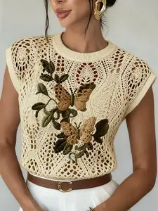 Spring Summer Elegant Women's Butterfly Print Round Neck Sweater, Casual Loose-Fitting Knit Top, Breathable Daily Wear