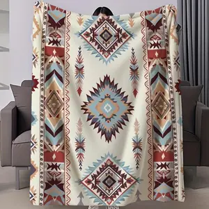 1 Native American Style Geometric Pattern Flannel Blanket - Cozy and Soft, Vibrant Earth Tone Design, Warm and Pilling Resistant, Machine Washable, Plush Shawl, Bed Blanket, Sofa or Air Conditioning Blanket, Suitable for Napping, Camping, Travel