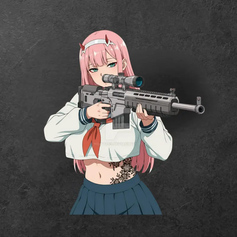 Zero Two with AR-15 Rifle Tactical Schoolgirl Sticker – Anime Vinyl for Laptop & Gear Setup, Anime Waifus Sticker