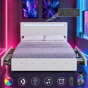 Queen Size Bed Frame with LED Light and 4 Storage Drawers, PU Upholstered Bed Frame with Adjustable Headboard, Diamond Crystal Button, Charging Station, Metal Frame, No Box Spring Needed, White   WL