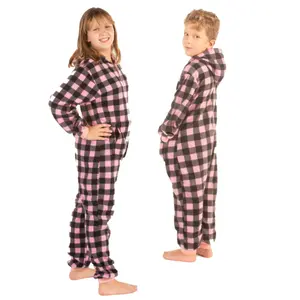 Kids Pink & Black Buffalo Plaid Fleece Onesie Jumpsuit Pajamas With Hood