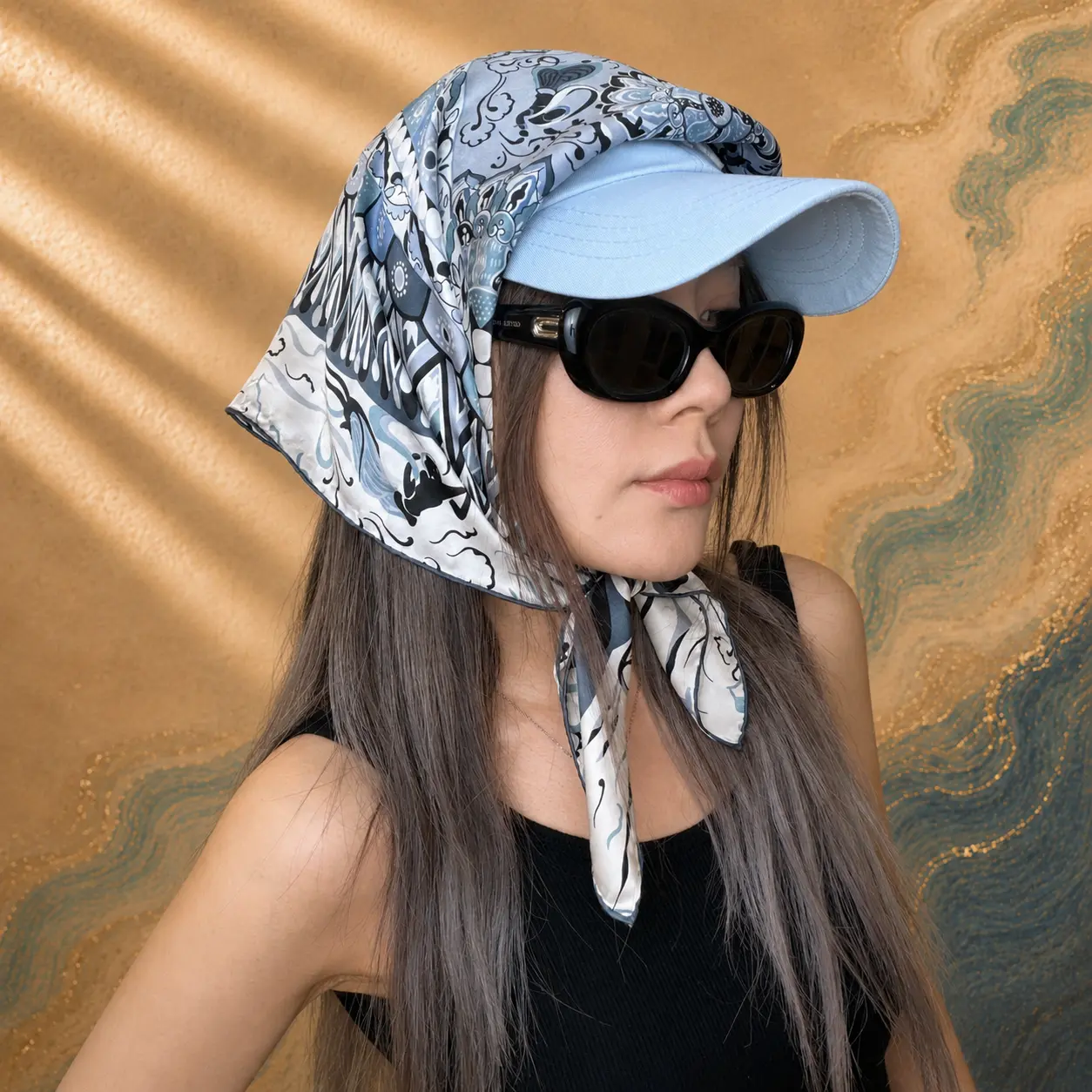 Women's Silk Square Scarf, 27.5in Ink Blue Dunhuang Flying ,All-Season Fashion Accessory for Neck,Silky Scarf,Scarf Head Wrap,Neck Scarf,Decorative Scarf,Bag Decoration campingessentials