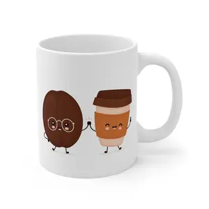 Cute Coffee Bean and Coffee Cup Mug | Kawaii Coffee Ceramic 11oz Mug