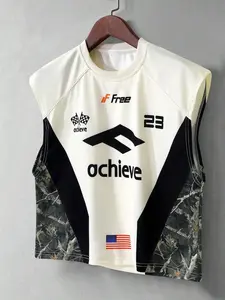 Y2K Racing Sleeveless Top, Camo Patchwork Streetwear, 23 Number American Flag Pattern, Men's Vintage Motorcycle Sweatshirt