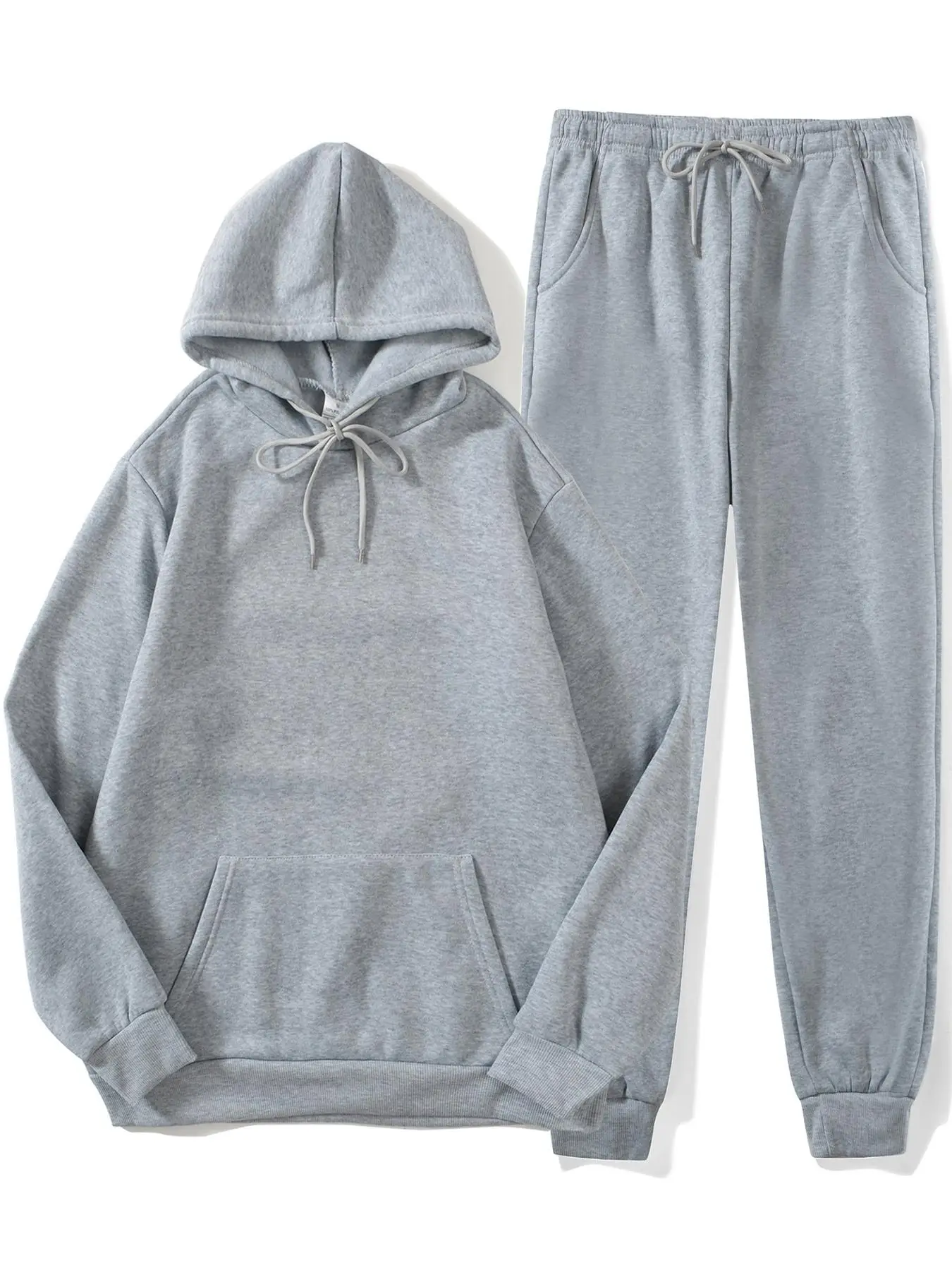 Men's Solid Two-piece Outfits, Regular Fit Casual Drop Shoulder Hoodie & Drawstring Sweatpants, Men Outfits for Fall & Winter