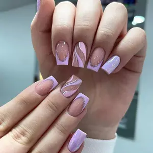 Purple French Fake Nails Silver Glitter Stripes Art nails Purple Lines Desigh Press on Nails 24pcs Short Square False Nails High Quality