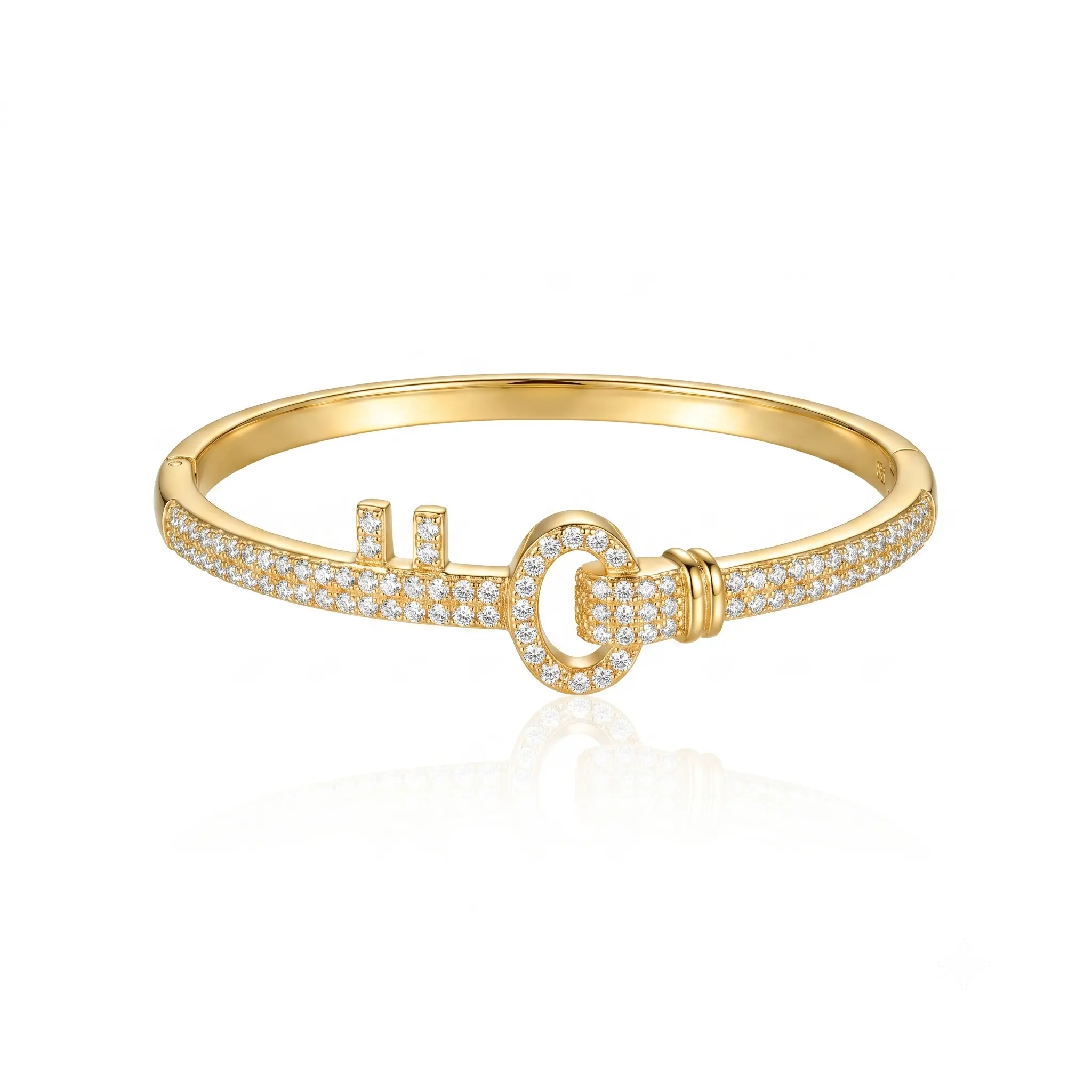 Gold Key Bangle Bracelet for Women, Full Pave CZ Diamond Cuff Bracelet, Cubic Zirconia Stackable Bracelet, Elegant Jewelry Gift for Her