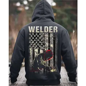 Proud Welder Hoodie with American Flag, USA Flag Welding Graphic Hoodie for Men, Welder Workwear Pullover, Gift for Welders & Blue Collar Workers