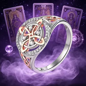 Rose Gold Plated Witches Knot Ring, Anillo Nudo de Bruja Original Celtic Knot Jewelry, Cubic Zirconia Decorated Witch’s Knot Ring, Witchtok Witch Jewelry Pagan Jewelry for Devotion and Protection Valentine’s Day gift  Cubic Zirconia Wedding Promise