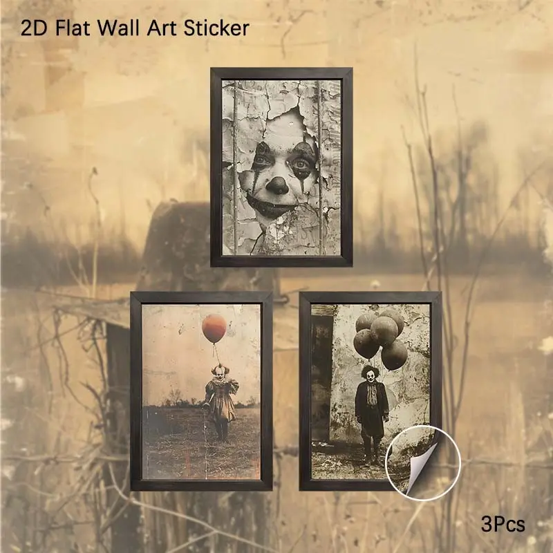 2D Flat Wall Art, Wall Stickers, 3Pcs PVC Self-Adhesive Framed Wallpaper Sticker, Vintage Scary Clown Wall Decals, Retro Horror Themed Wall Decor for home, bar, haunted house, Perfect Gift for Halloween Lovers, Horror Enthusiasts