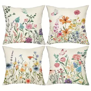 4 Pack Linen Floral Pillow Covers 18x18, Assorted Spring Flower Patterns Single-Sided Print, Cottagecore Grandmacore Aesthetic Set, Natural Fabric with Zipper, Sofa Bed Decor, Mother's Day Housewarming Gift for Mom, Covers Only outdoorfun