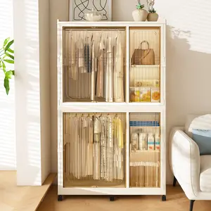 36.22×17.72×62.20in Cream White Portable Wardrobe Closet, 6 Magnetic Doors & 6 Cubes, 2 Hanging Rods 6 Hangers, American Luxury Modern PP Primary Living Space Storage