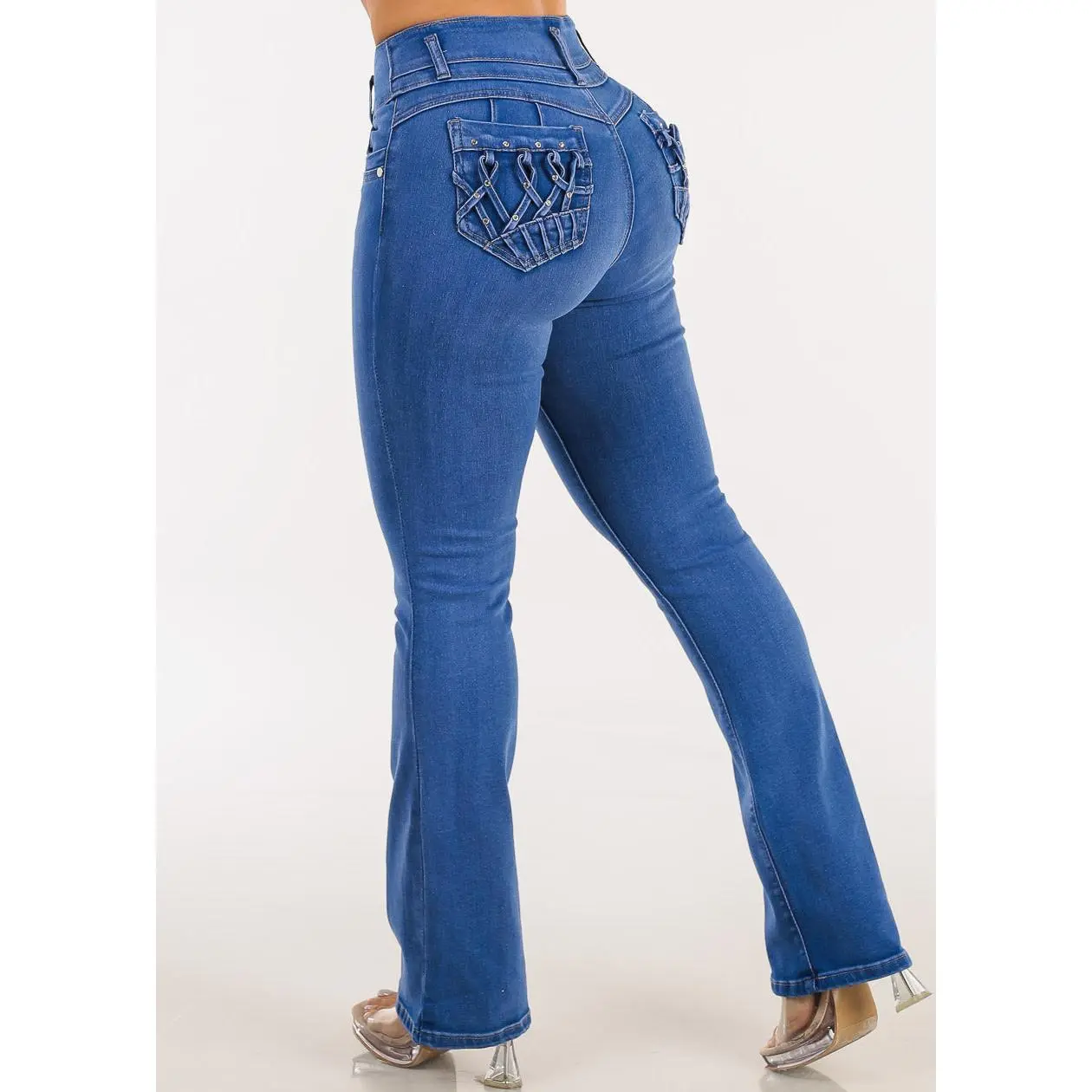 Push Up Super High Waist Stretch Bootcut Jeans Light Sand Wash