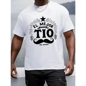Monawear Menswear Men's Plus Size Cotton Minimalist Round Neck Short Sleeve T-Shirt - "El Mejor Tio del Mundo" Graphic, Black with White Text & Star Design, Lightweight Polyester Fabric, Summer Casual Attire