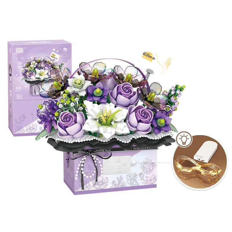 Diy Rose Bouquet Building Block Toys with Led Lights, Flower Design Building Blocks Model Set, Simulation Artificial Rose Handheld Gift Box, Home Deco
