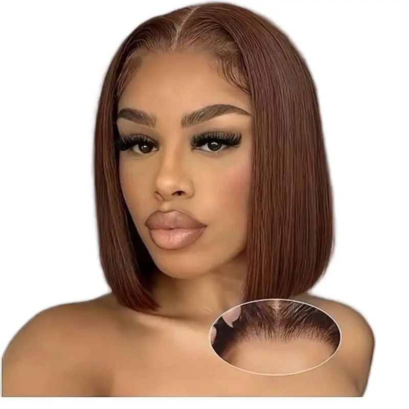 4/27 Highlight Glueless Bob Wig Human Hair 13x4 Lace Frontal Bob Wig 180 Density Short Straight Ombre Colored Blunt Cut Bob Wig for Black Women Brown Wigs with Highlights 12 inch