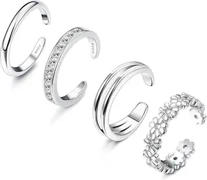 FIASASO 4 Count 925 Sterling Silver Toe Rings for Women Open Adjustable Band Rings Jewelry Set, Thumb Rings, Cubic Zirconia Rings