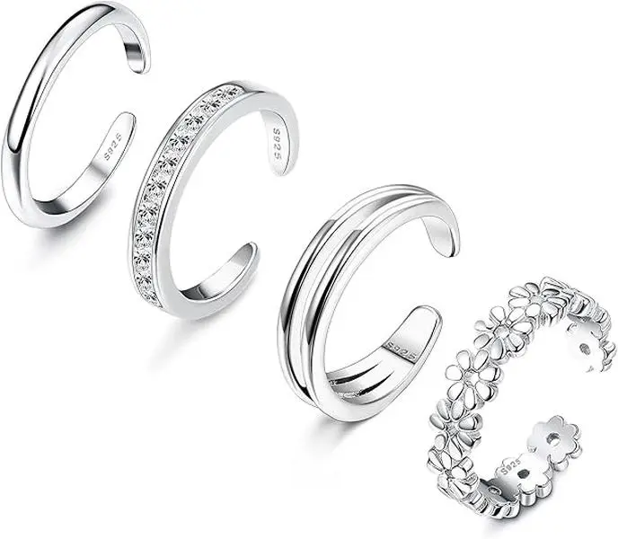 FIASASO 4 Count 925 Sterling Silver Toe Rings for Women Open Adjustable Band Rings Jewelry Set, Thumb Rings, Cubic Zirconia Rings