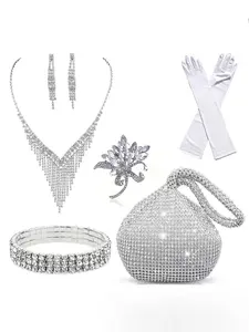 6-Piece Women's Clutch Set — Sophisticated Black Evening Handbag, Dinner Bag, and Matching Jewelry Set (Featuring Rhinestone Tassel Earrings, Necklace, and Brooch) — Ideal for Weddings and Various Formal Banquets