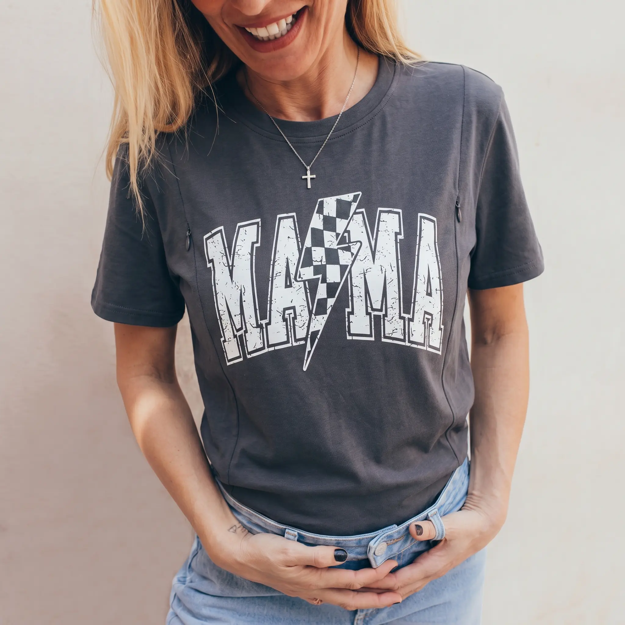 GIFTIFYMAMA Women's Casual Nursing T-Shirt for Moms, Short Sleeve Stretchy Cotton with Lightning Print, Standard Fit with Hidden Zip, Cold Wash