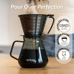 ethoz® by Planetary Design Stainless Steel Pour Over  | Reusable Built-In Coffee Filter | Flat-Bottom / Convex Design | No Paper Filters