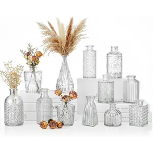 12 count Clear Bud Vases Set, Small  Glass Clear Bud Flower Vases Bulk Multiple Shape Cute Mini Glass Bottles Vases for Rustic Wedding Centerpieces Table Decorations and  Decor