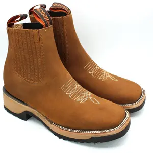 Botines de Piel Original Punta Amplia Cuadrada Color Cafe Tan - Hooch Boots