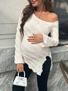 KATHYE Maternity T-Shirt With One Shoulder Long Bell Sleeves Asymmetrical Hem