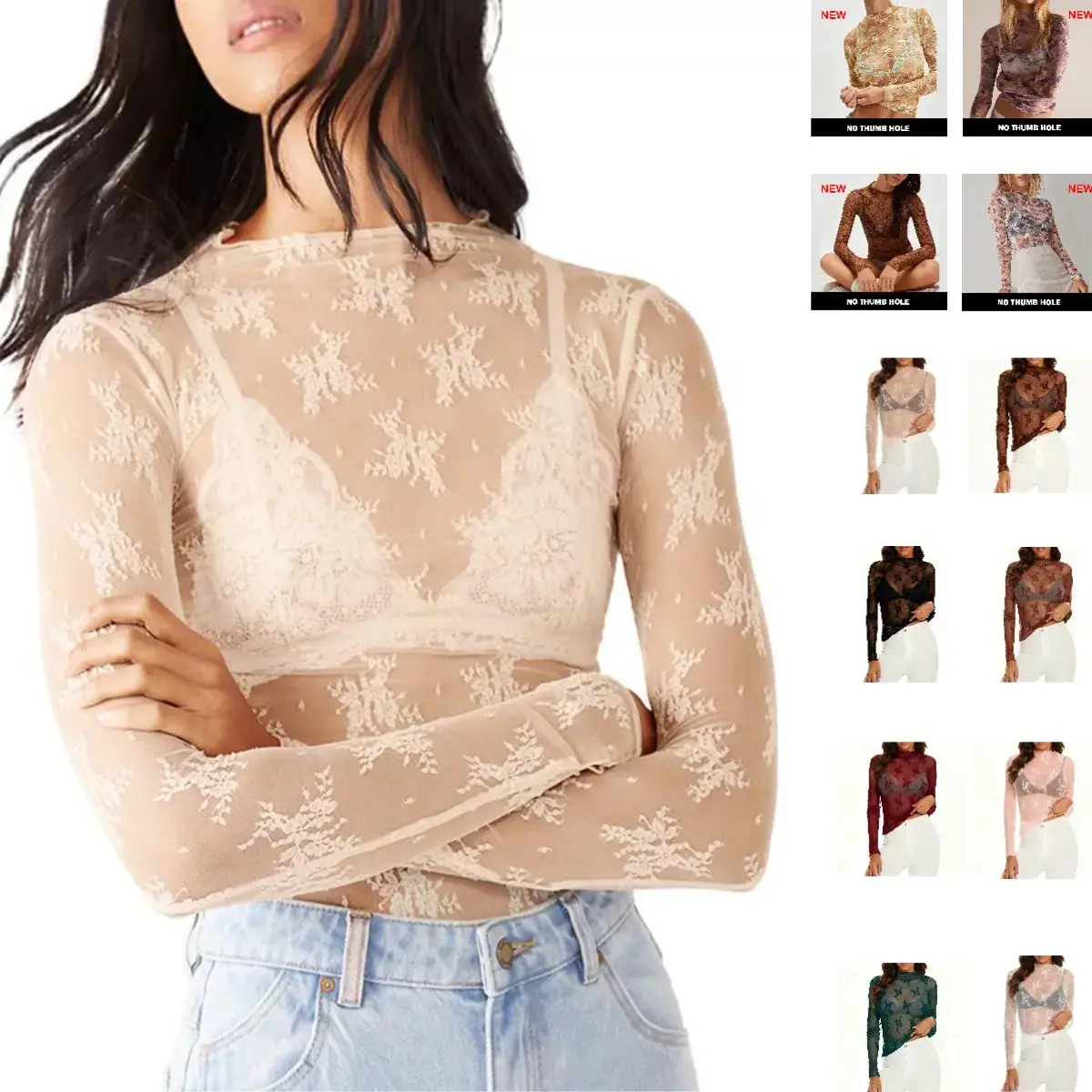 Women's Long-Sleeve Mesh Lace Blouse, Lady's Casual Fashion Fitted See-Through Top with Premium Fabric, Ideal for Party, Spring-Summer Outfits #SpringStatements,summerwins