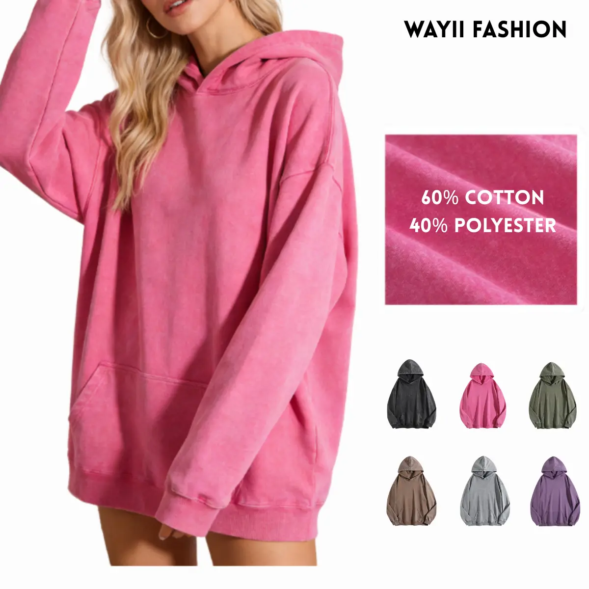 Women's Wayii Winter Cotton Oversized Baggy Acid Wash Hoodie Sweatshirt - Retro Ribbed Longsleeve Pullover, Loose Minimalist Style, Kangaroo Pocket, Comfy Crewneck, Polyester-Blend, Street Style Casual Tops for Skirt Pairing, Skirts, Vintage, Basic