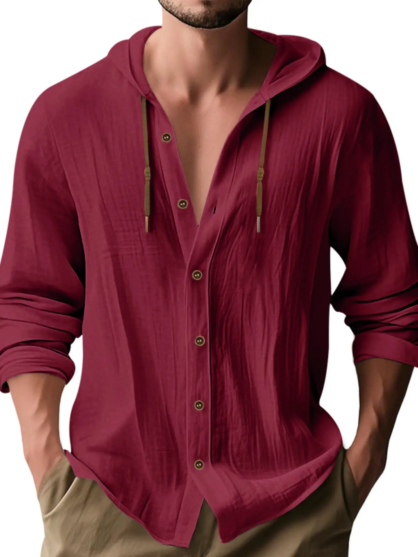 Men's Linen Fabric Long Sleeve Shirt, Loose-Fitting Button-Up Button Front Button Closure Shirt Classic Casual Top, Button Up Tops, Breathable Spring & Fall Fashion, Style, Menswear