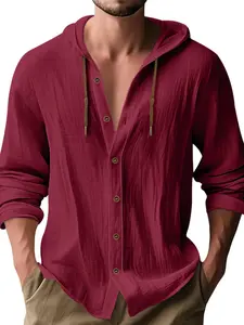 Men's Linen Fabric Long Sleeve Shirt, Loose-Fitting Button-Up Button Closure Shirt Classic Casual Top, Breathable Spring & Fall Fashion, Style, Menswear