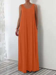 Elegant Plus Size Women's Sleeveless Round Neck Plain Vest Dress, Casual Home Wear, Comfortable Fit, Multiple Colors Available