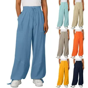 BeachLinenPantsWomenWideLegHaremPantHighWaistButtonDrawstringPalazzoLooseplusSizePantwithPocket