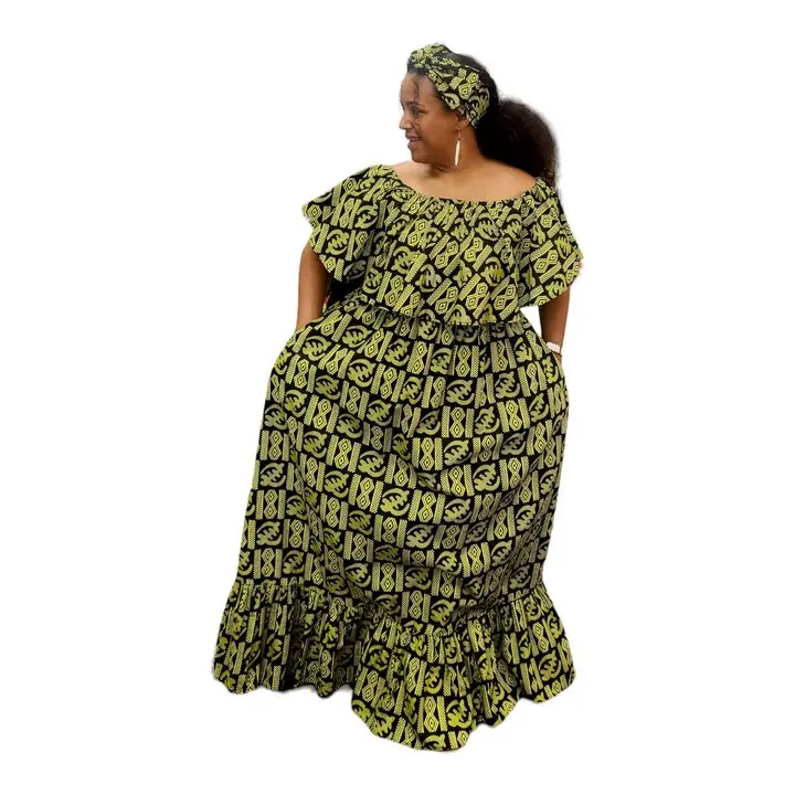 Geri's Bluffing Boutique Women's Off-Shoulder African Print Summer Dress with Headwrap, Pockets, One Size Fits M to 2XL, Casual Style - Womenswear