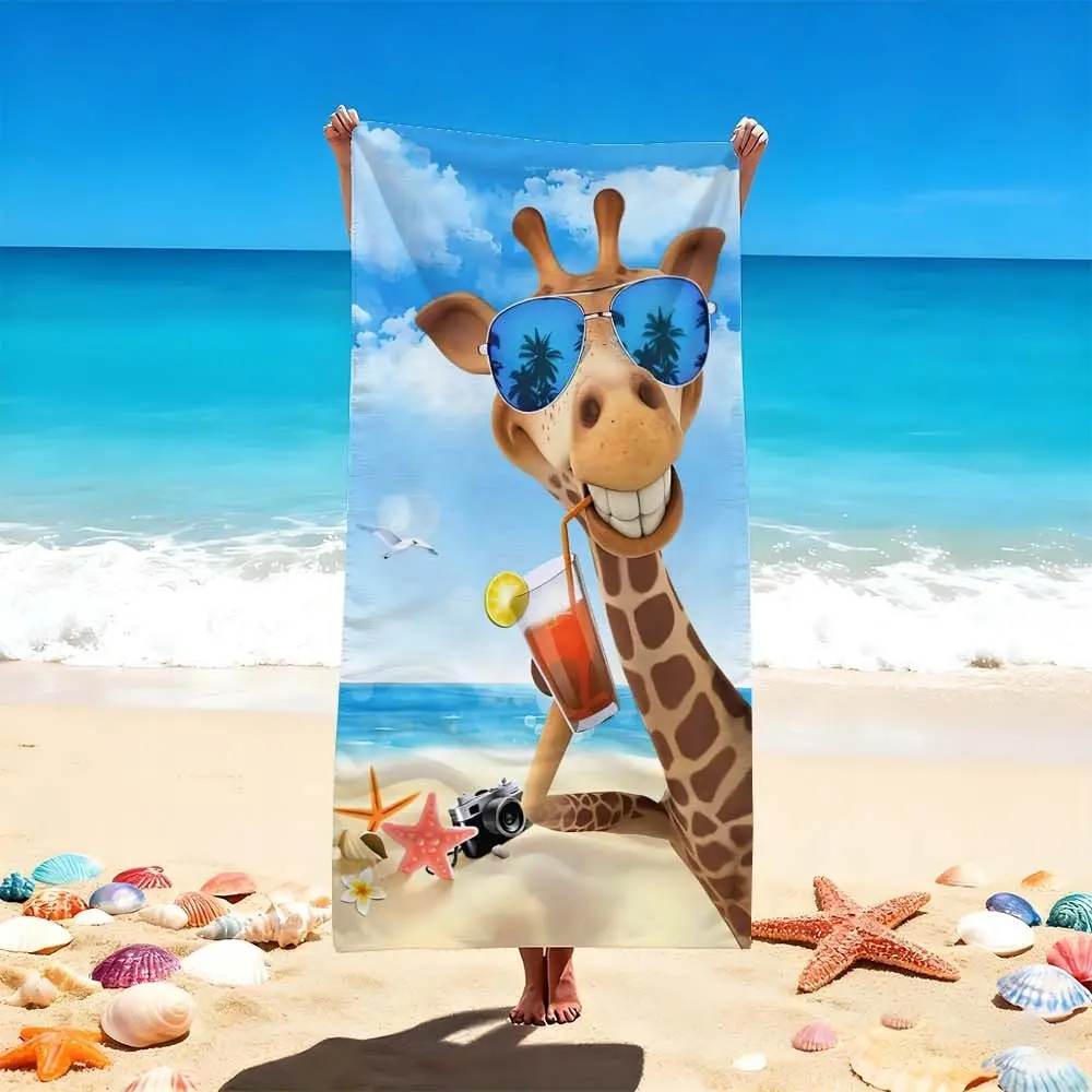 1 PC "Vibrant Giraffe Print Beach Towel with Blue Ocean Shades – Perfect for Beach Trips, Poolside Relaxation, and Sunbathing Adventures" Quick-drying, water-absorbent, lightweight, anti-sand-sticking, can be used as a travel towel, suitable for swimming