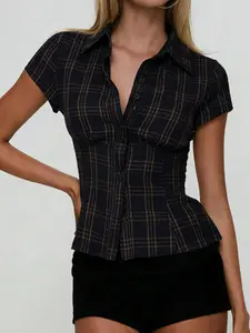 Women's Shirt Fashion Plaid Checkered Summer Short Sleeve Slim Fit Elegant Shirt Blouse Casual Button Open Front Blazer Versatile Basic Turn-Down Collar Crop Top Women