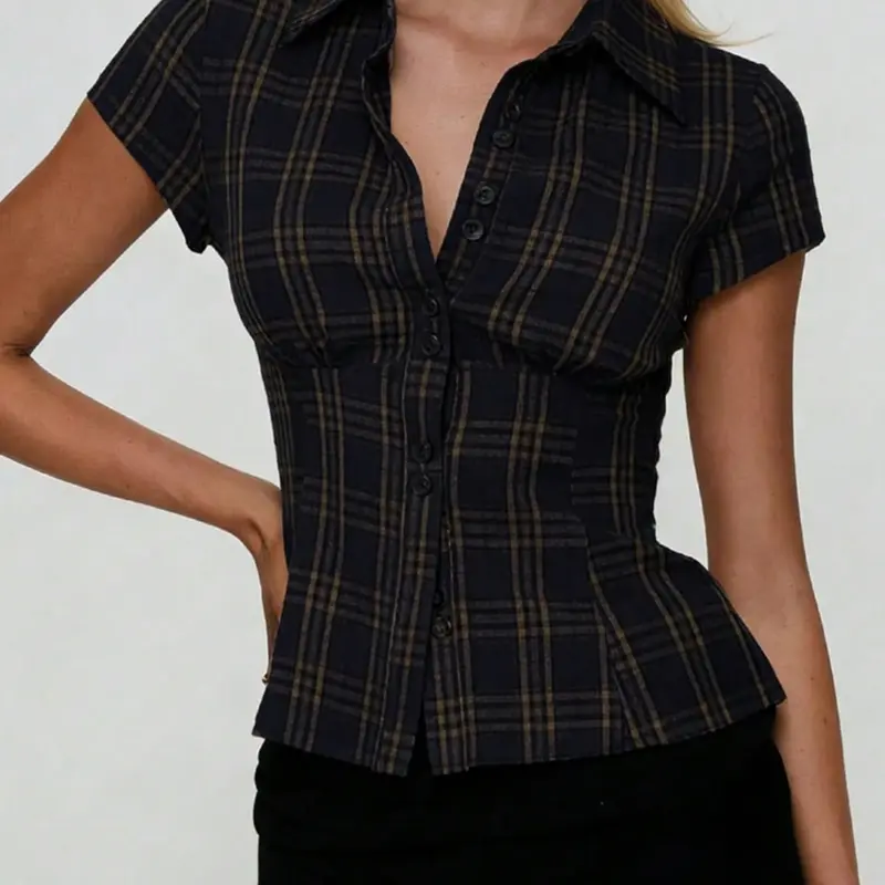 Women's Collared Shirt Fashion Plaid Checkered Summer Short Sleeve Cropped Slim Fit Elegant Shirt Blouse Casual Button Open Front Blazer Versatile Basic Turn-Down Collar Crop Top Women Casual Classy Elegant