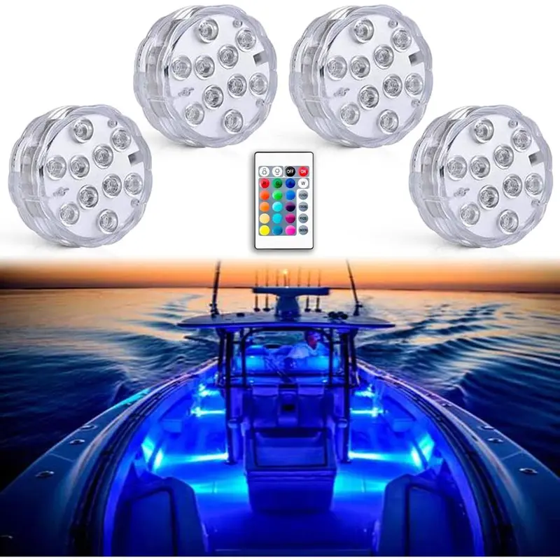 4pcs Compact 2.4W Power Wireless Battery-Operated RGB LED Marine Lights, Waterproof Seal Deck/Courtesy/Interior Lights, Remote-Controlled for Fishing Vessels, Outboard Vehicles, Party Use