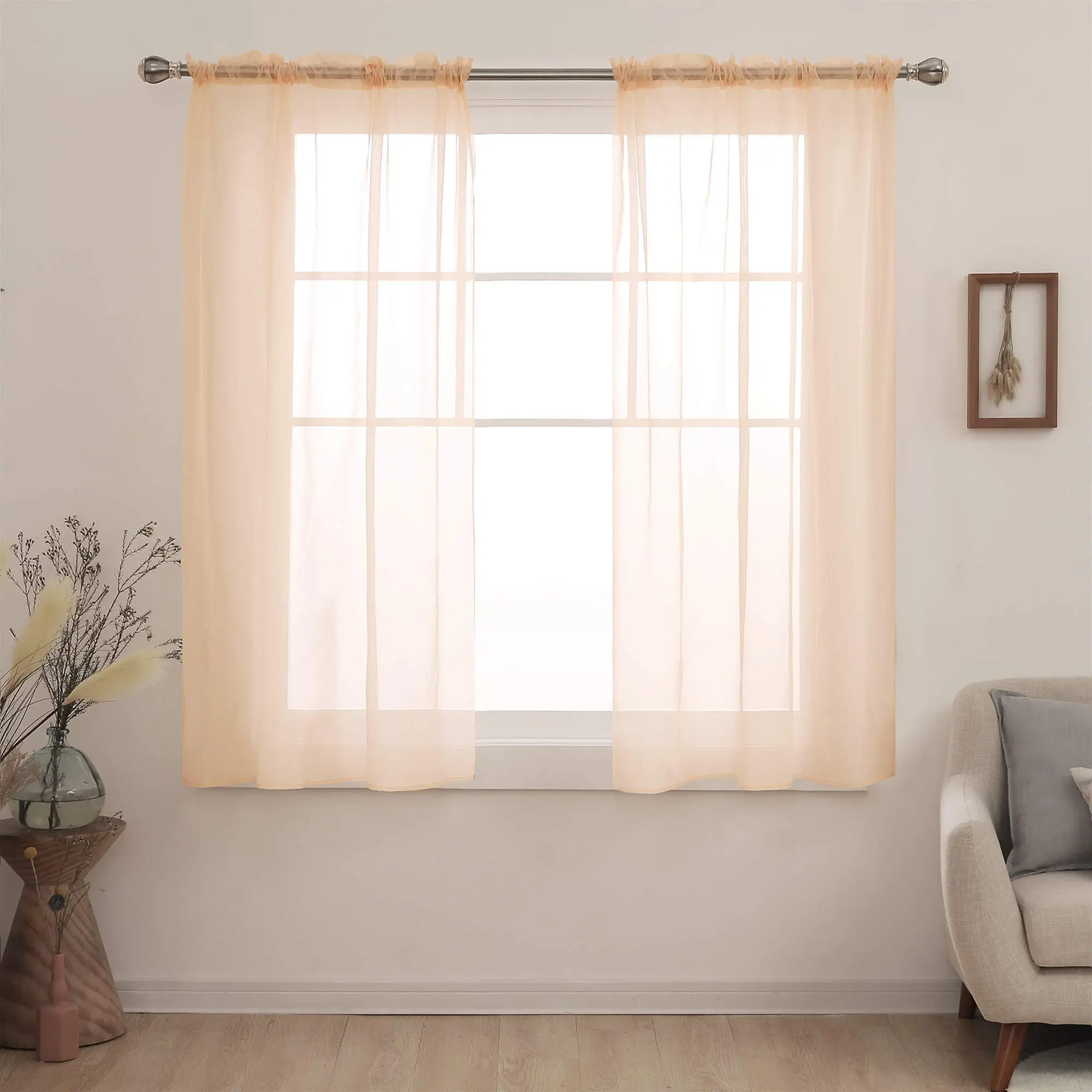Deconovo Pink Sheer Curtains - 38w x 63l Inch Light Filtering Voile Material Drapes, 2 Panels Peach Pink Decorative Curtains for Living Room Use