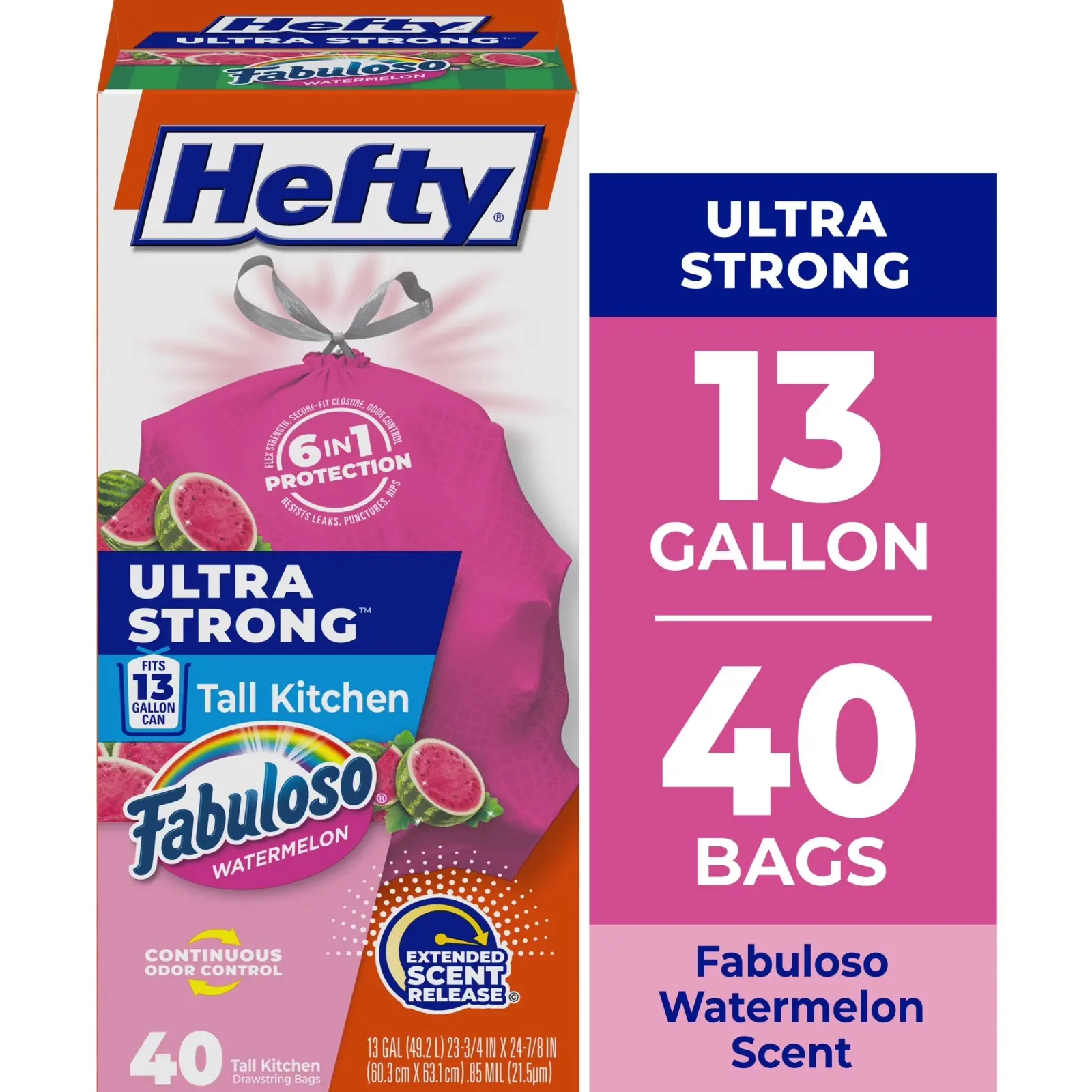 Ultra Strong 13 Gallon Trash Bags, Tall Kitchen Trash Bags, Pink, Fabuloso Watermelon Scent, 40 Bags