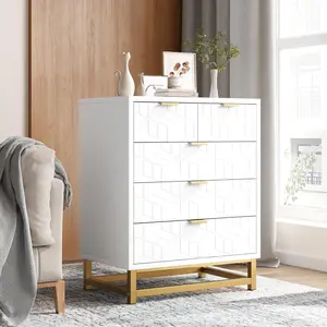 Modern 5 Drawer Painted Wood Dresser with Gold Metal Legs and Handles Anti Tip Safety white