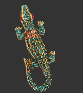 Alligator Crocodile Rhinestone Brooch Gold Tone Teal Crystal Reptile Pin Statement Jewelry