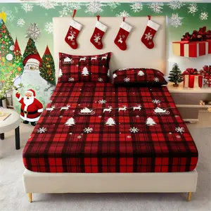 3pcs Christmas Gifts Printed Fitted Sheet Set, Queen Mattress Cover, Twin Mattress Protector, King Queen Style Bedding Set, Polyester Machine Washable, Bedroom Guest Room, Birthday Gift(1 Fitted Sheet+2 Pillowcases, Without Core)