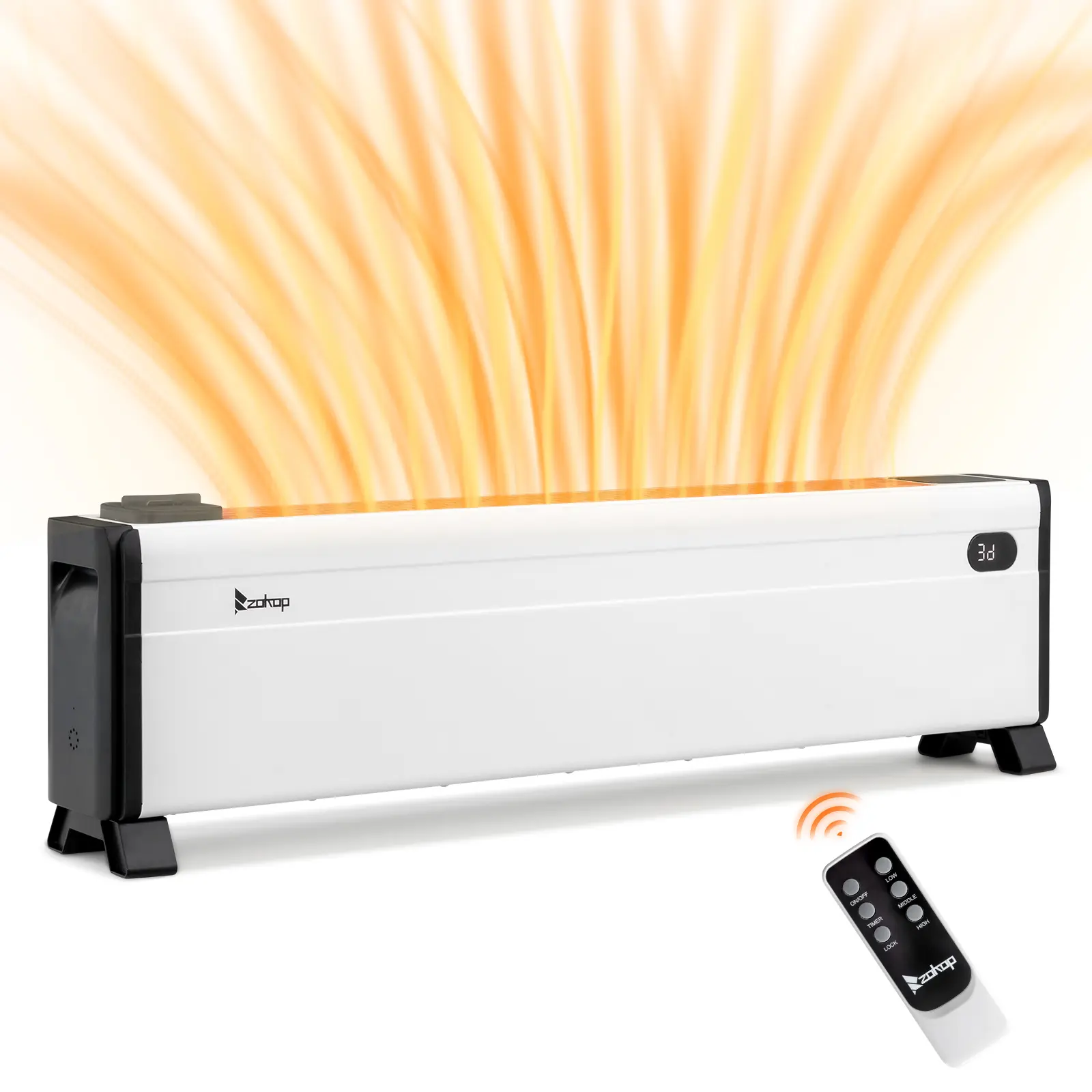 ZOKOP 32" Electric Baseboard Heater - 1500W, 3 Heat Settings, Remote Control, Built-in Humidifier, 1-12H Timer, Tip-Over Switch, 120v/60hz, 15-20 sq.m Coverage, 31.5x4.9x9.3 in, 7.7 lbs, for Indoor Bedroom Home Use, White, 1-12 Hours, 31.5 X 4.9 X 9.3 In